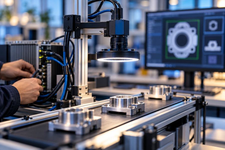Illustrative machine vision setup with industrial camera, lighting and sample parts