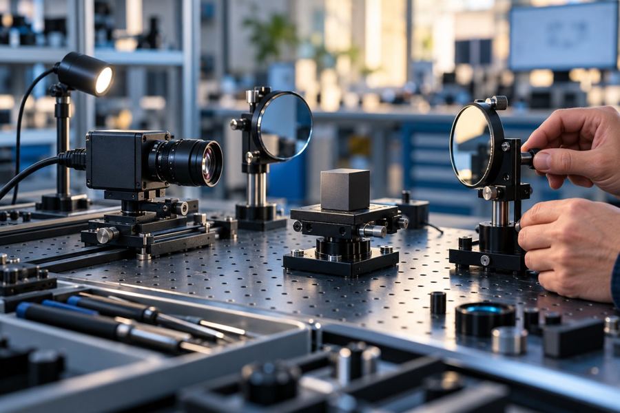 Illustrative optics workbench with a camera, lenses and adjustable mirrors