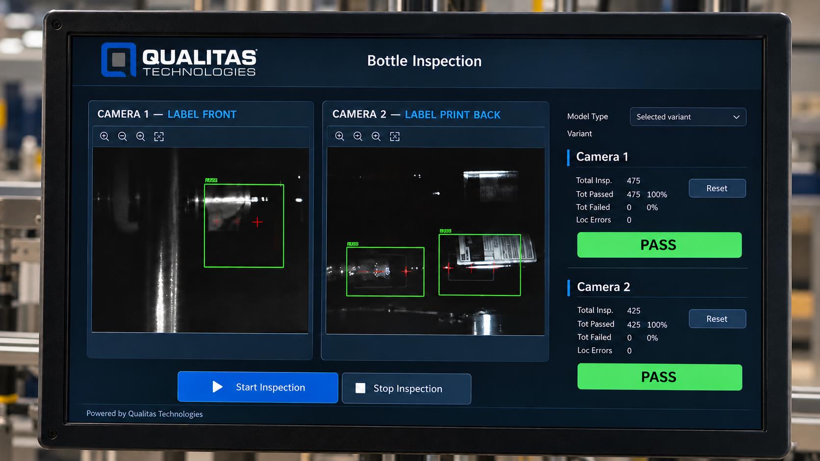 Bottle inspection interface with the Qualitas logo, two camera views and highlighted inspection regions