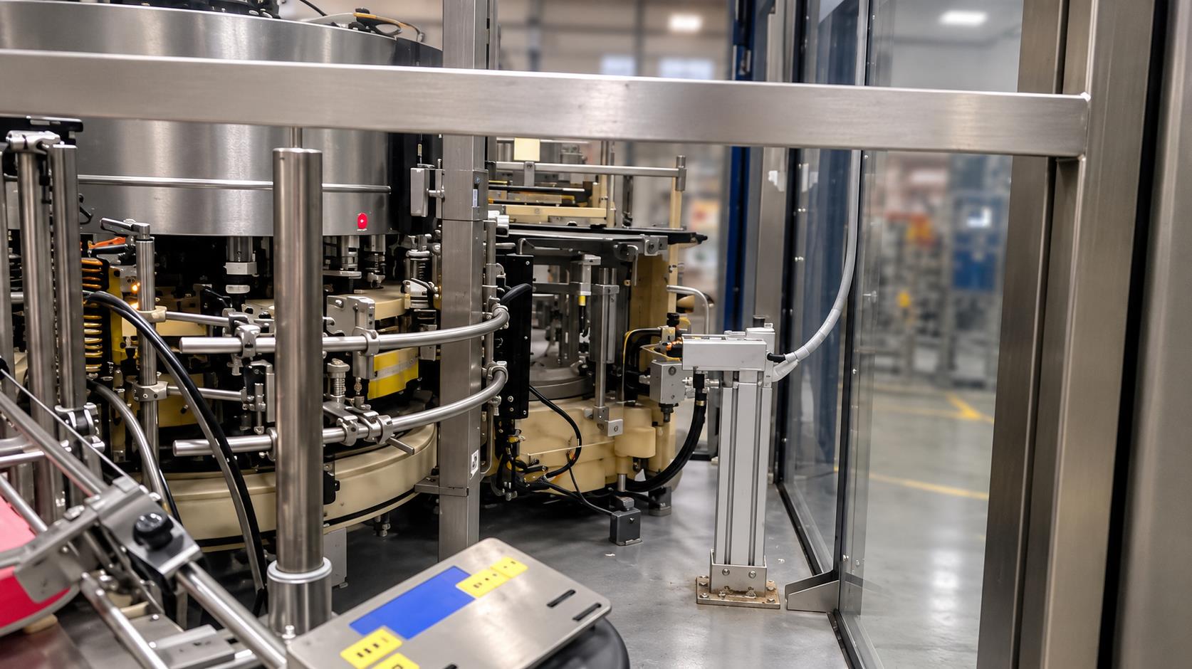Bottle-label inspection station beside the labeler machinery