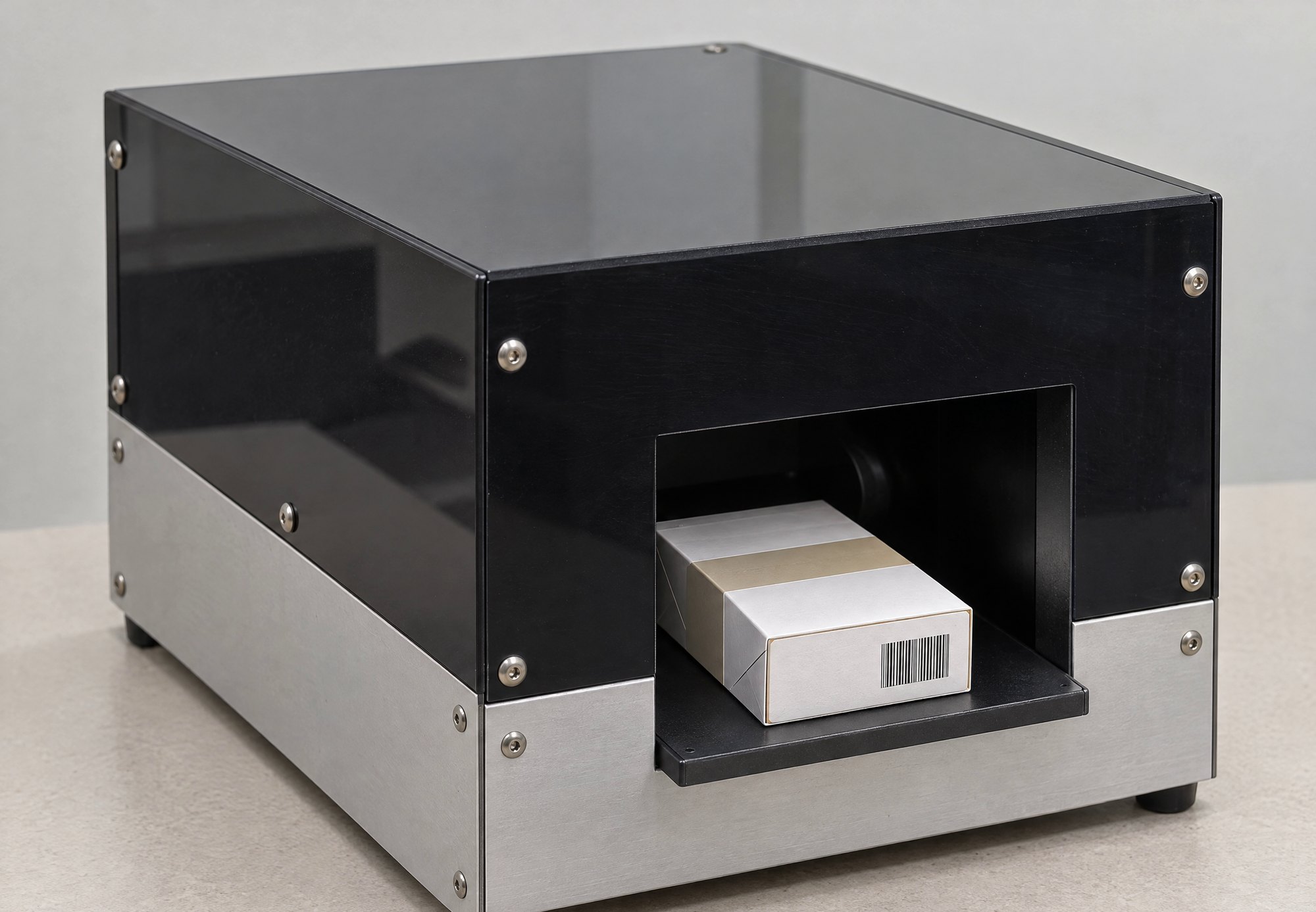 Tabletop inspection enclosure with a cigarette pack presented under the camera