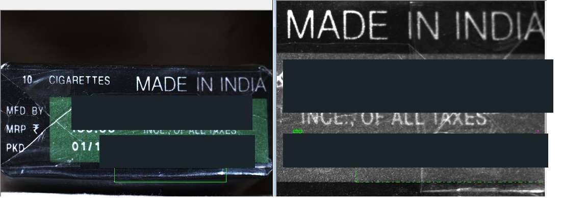Cellophane glare on a cigarette-pack code area and the OCR-ready character region after glare treatment
