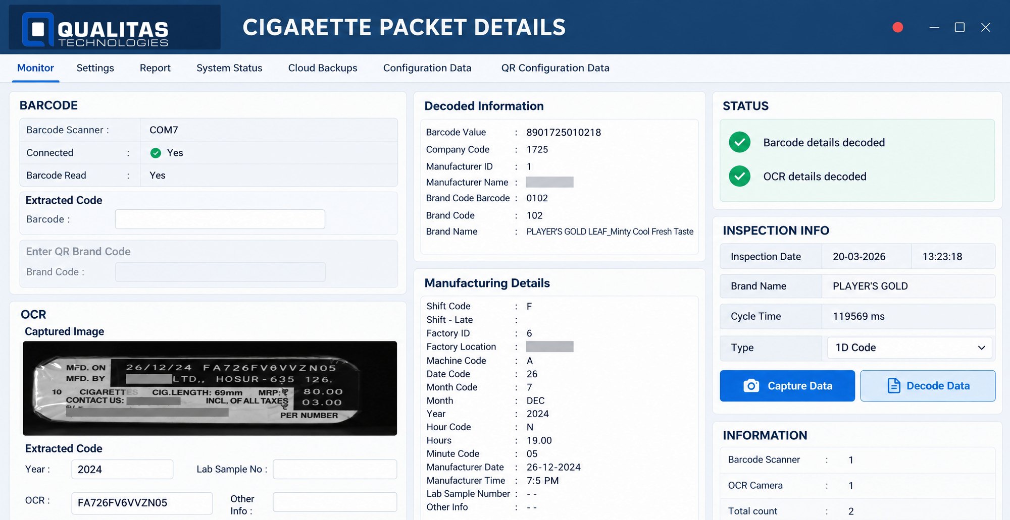 Operator screen showing barcode details, the OCR captured image, the extracted code and decoded manufacturing details
