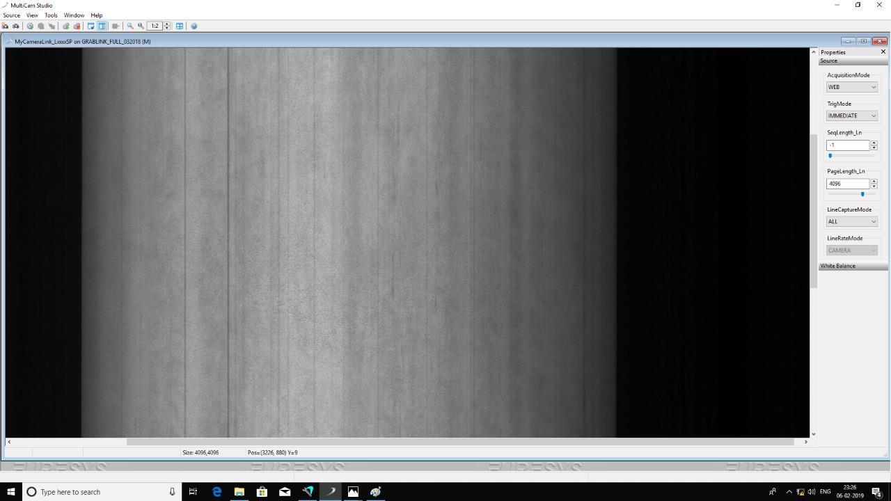 MultiCam Studio displaying a steel-strip image from the project