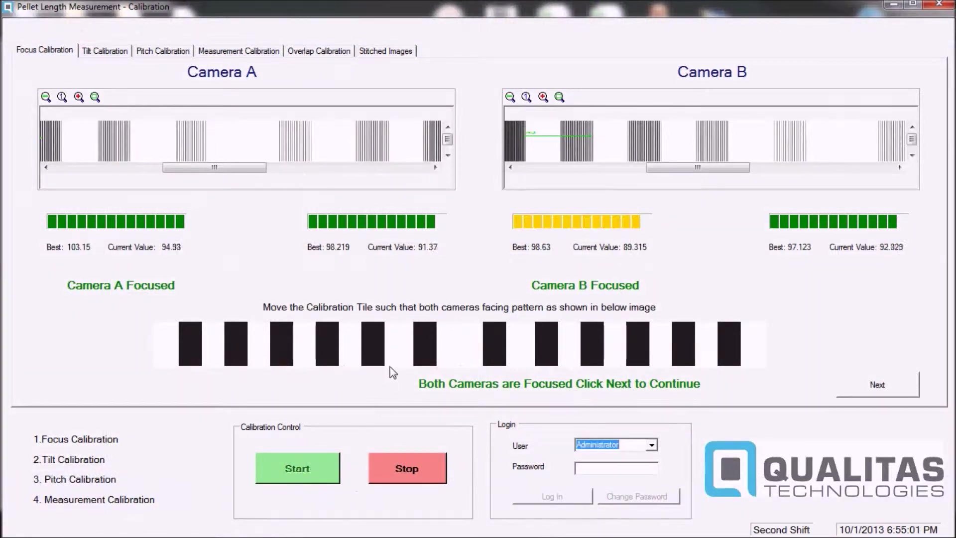 Focus calibration screen showing both cameras focused on the calibration tile