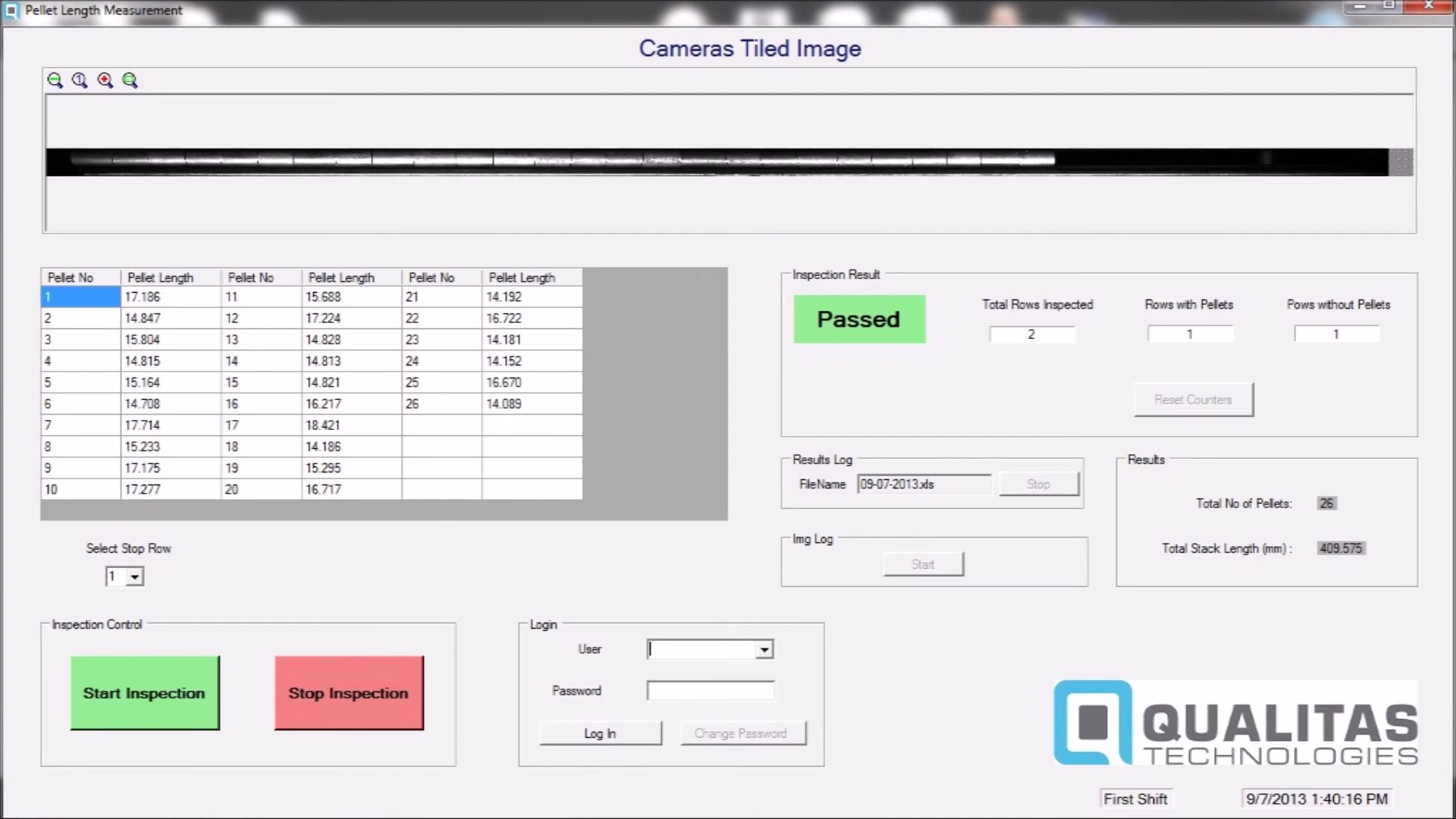 Pellet length measurement screen with the stitched row image, a table of pellet lengths and a passed result