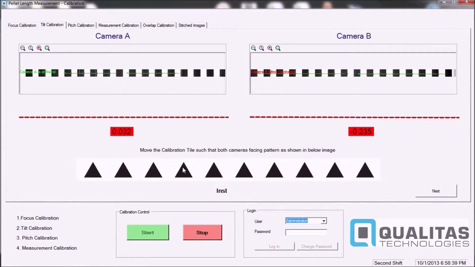 Tilt calibration screen showing the tilt reading for each camera