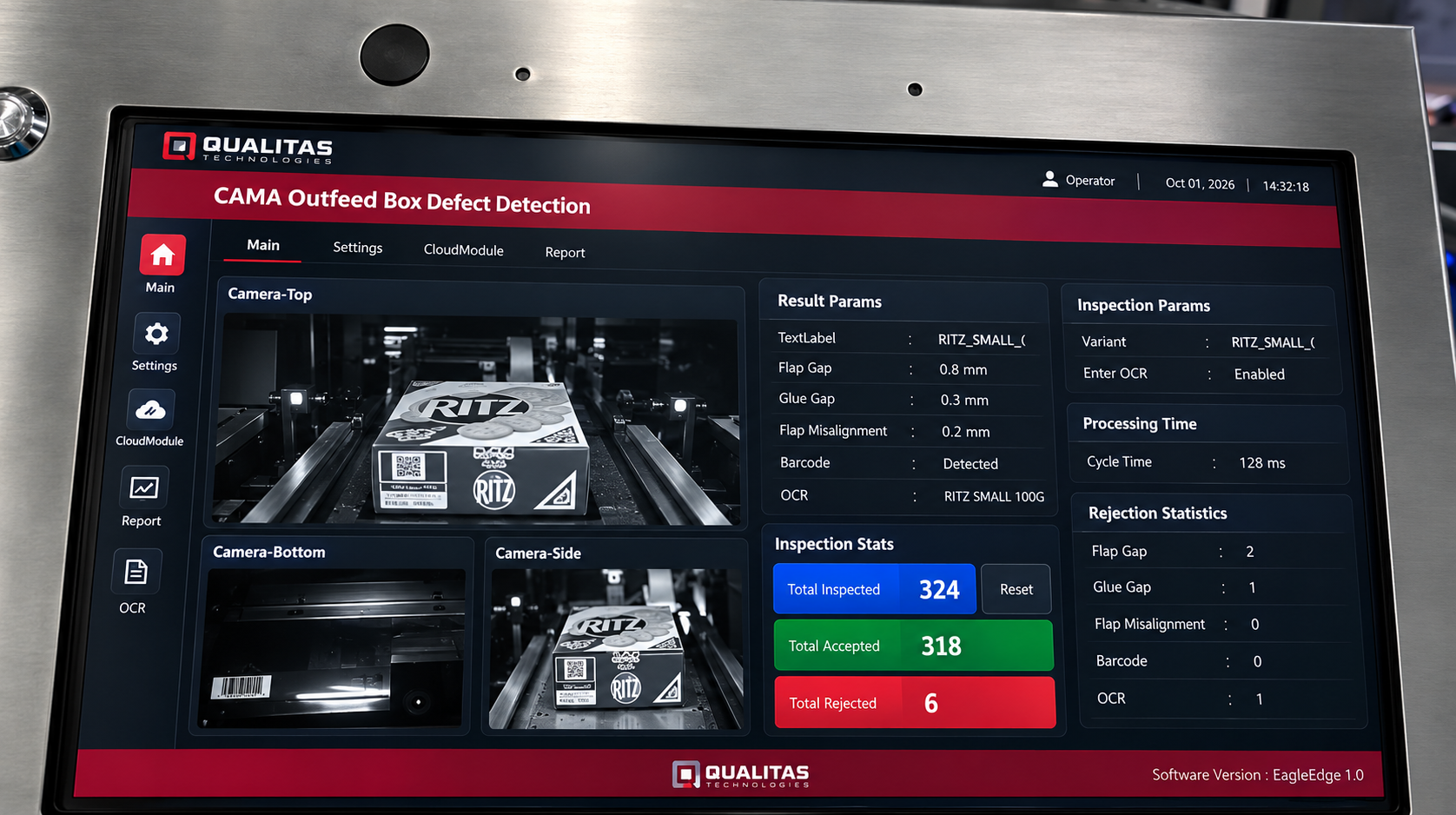 Operator interface with carton views, inspection categories and production counters.