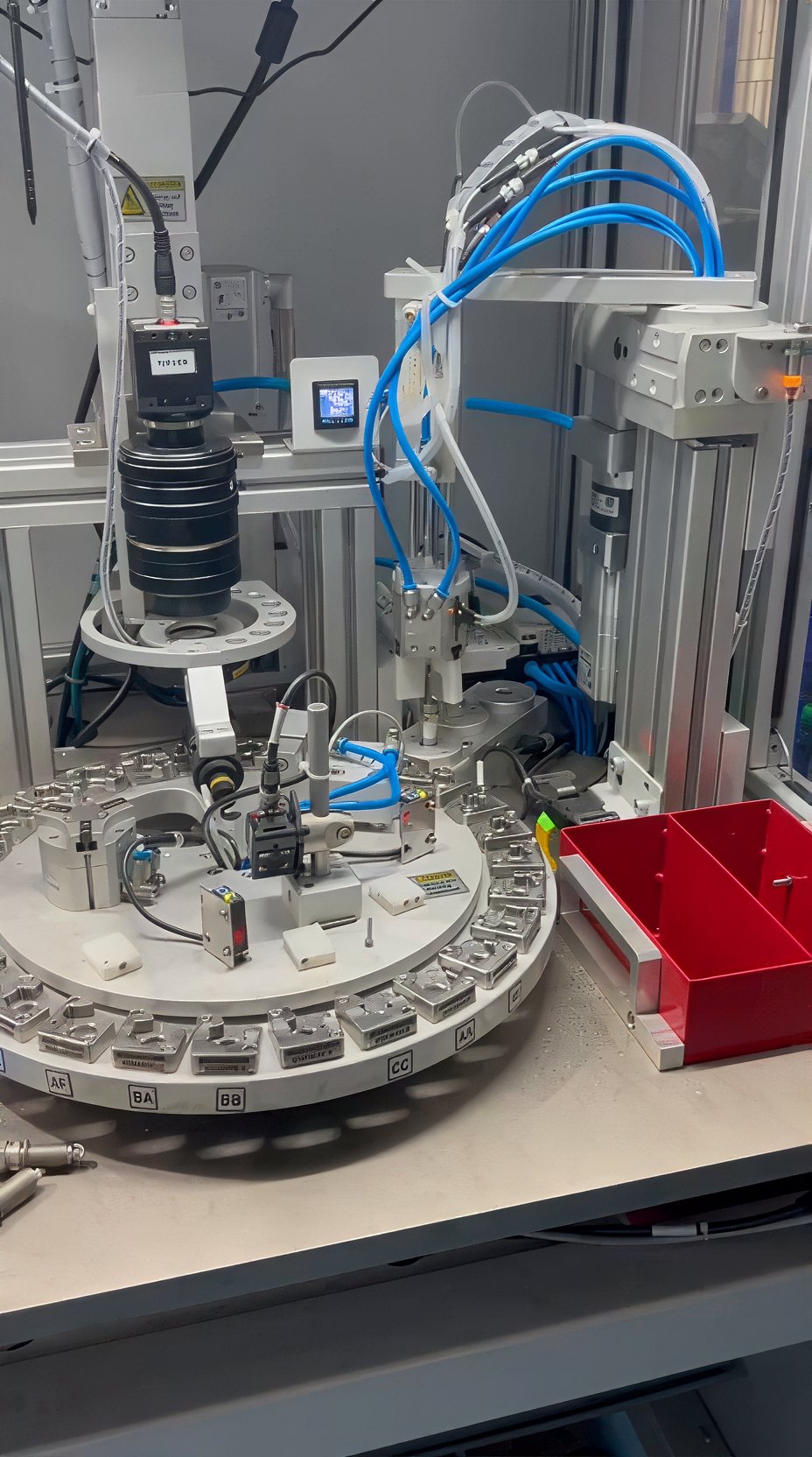 Camera above the rotary fixtures, with handling equipment beside the inspection positions.