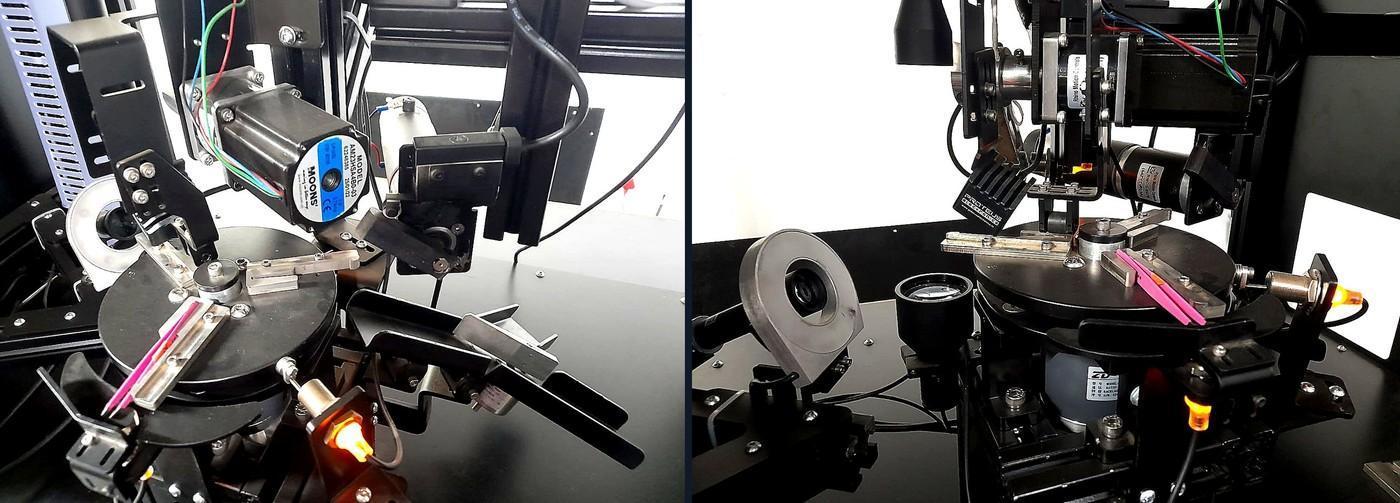Precision tweezer inspection machine with rotating fixture, cameras and lighting